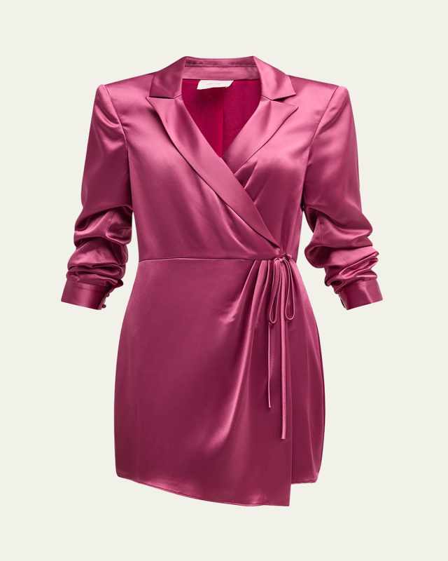 Sabina Scrunched-Sleeve Satin Mini Wrap Dress